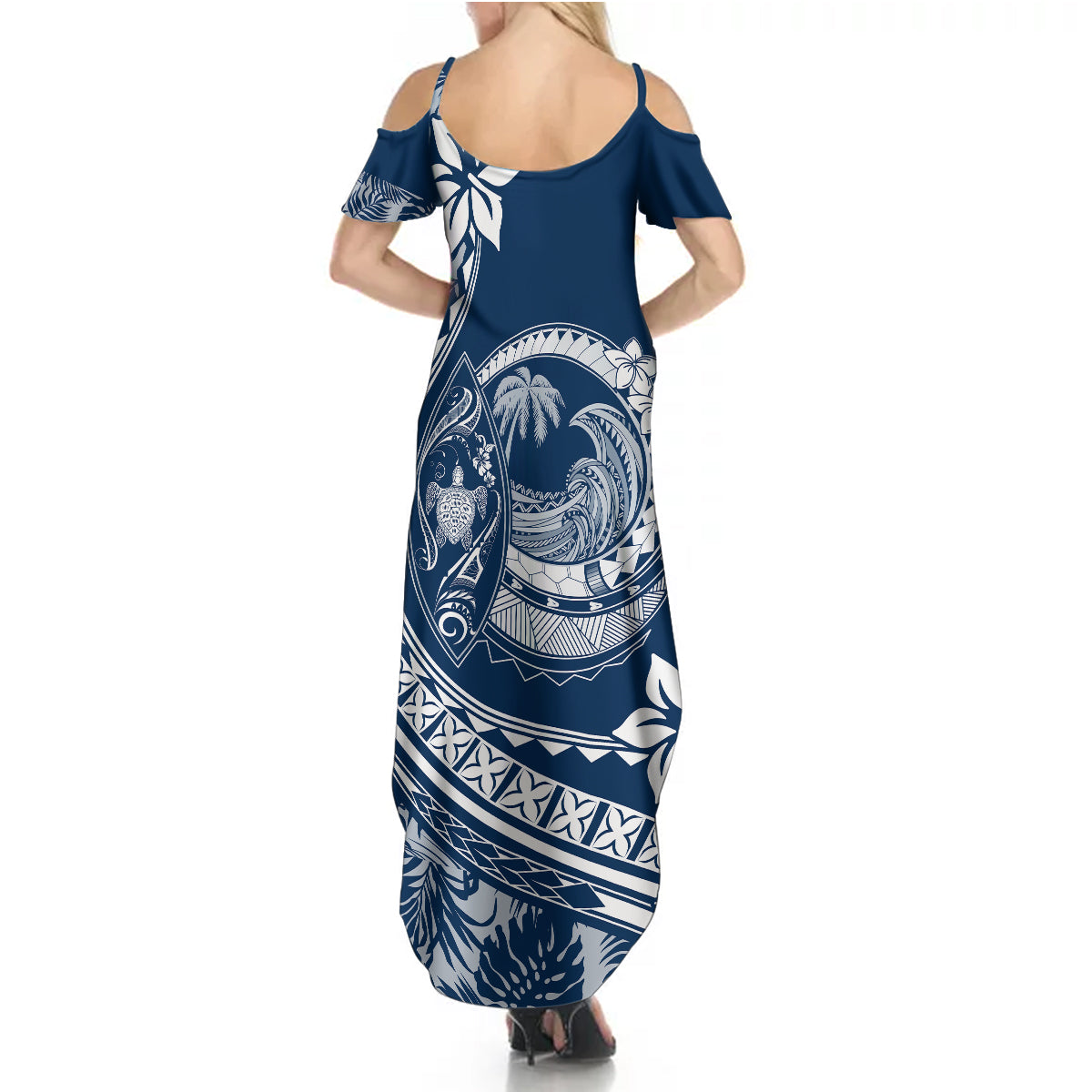 Polynesian Plumeria Summer Maxi Dress Ride The Waves - Navy Blue - Wonder Print Shop