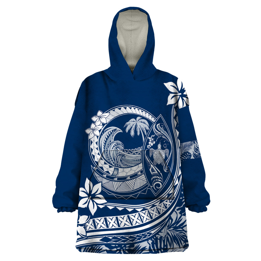 Polynesian Plumeria Wearable Blanket Hoodie Ride The Waves - Navy Blue - Wonder Print Shop
