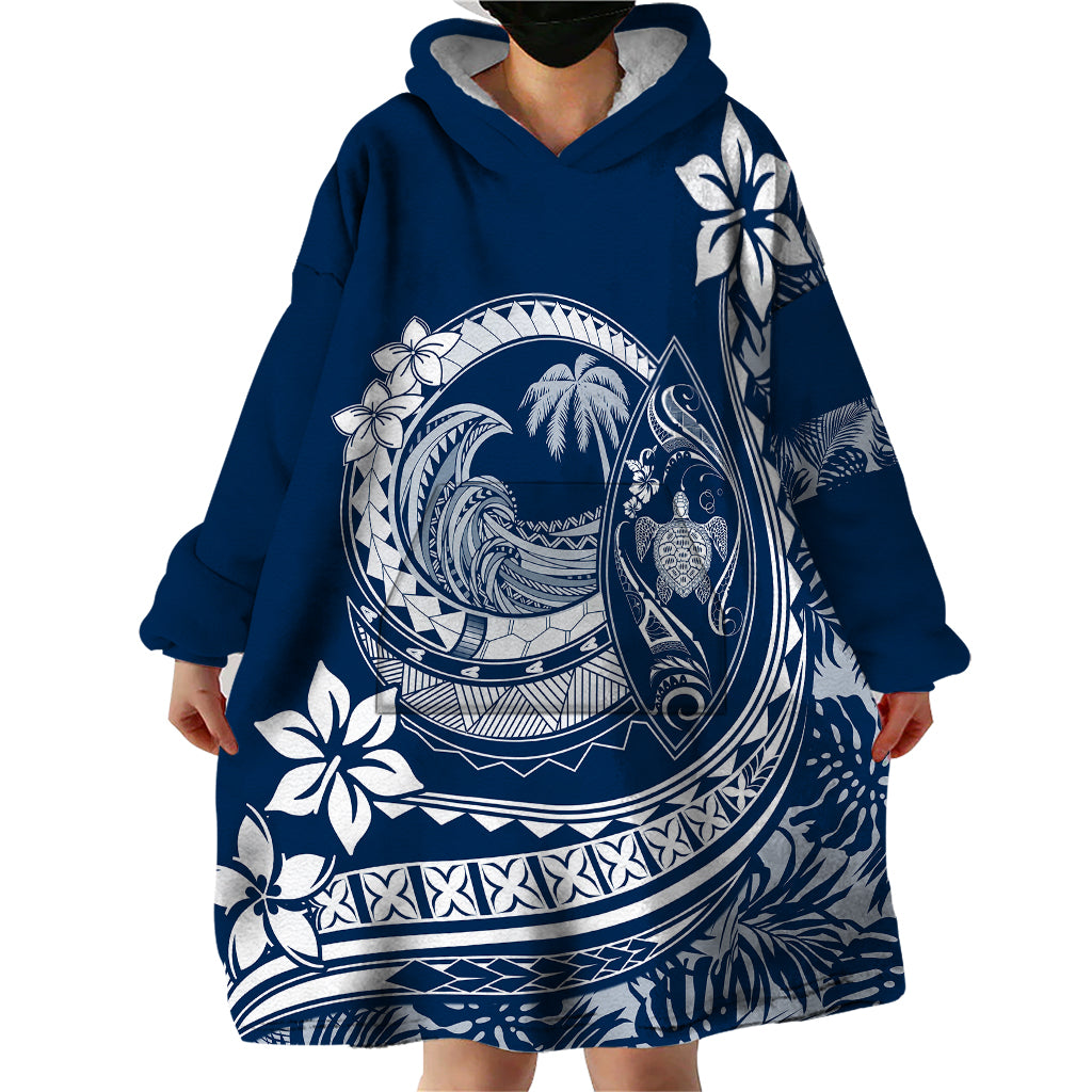 Polynesian Plumeria Wearable Blanket Hoodie Ride The Waves - Navy Blue - Wonder Print Shop