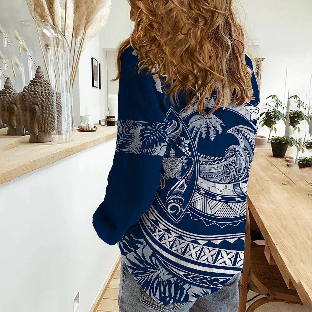 Polynesian Plumeria Women Casual Shirt Ride The Waves - Navy Blue - Wonder Print Shop