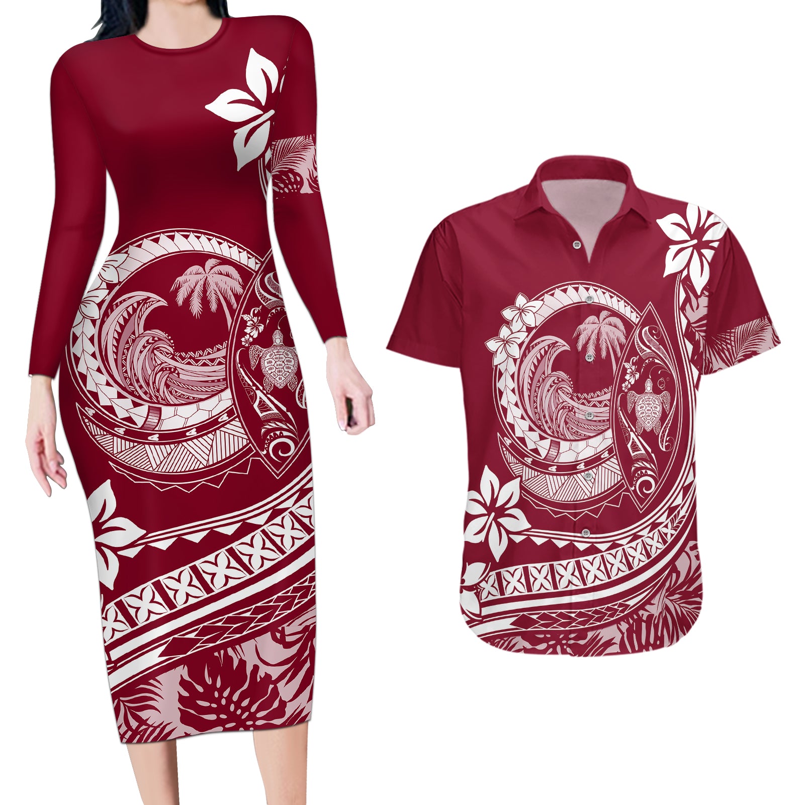 Polynesian Plumeria Couples Matching Long Sleeve Bodycon Dress and Hawaiian Shirt Ride The Waves - Burgundy LT7 - Wonder Print Shop
