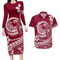 Polynesian Plumeria Couples Matching Long Sleeve Bodycon Dress and Hawaiian Shirt Ride The Waves - Burgundy LT7 - Wonder Print Shop
