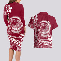 Polynesian Plumeria Couples Matching Long Sleeve Bodycon Dress and Hawaiian Shirt Ride The Waves - Burgundy LT7 - Wonder Print Shop