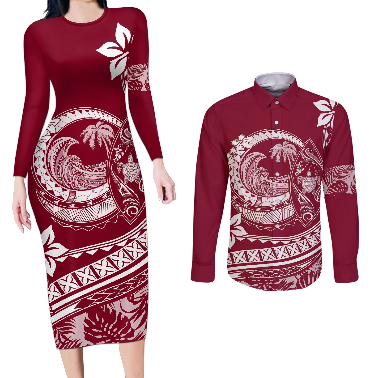 Polynesian Plumeria Couples Matching Long Sleeve Bodycon Dress and Long Sleeve Button Shirts Ride The Waves - Burgundy LT7 - Wonder Print Shop