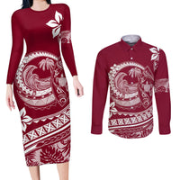 Polynesian Plumeria Couples Matching Long Sleeve Bodycon Dress and Long Sleeve Button Shirts Ride The Waves - Burgundy LT7 - Wonder Print Shop