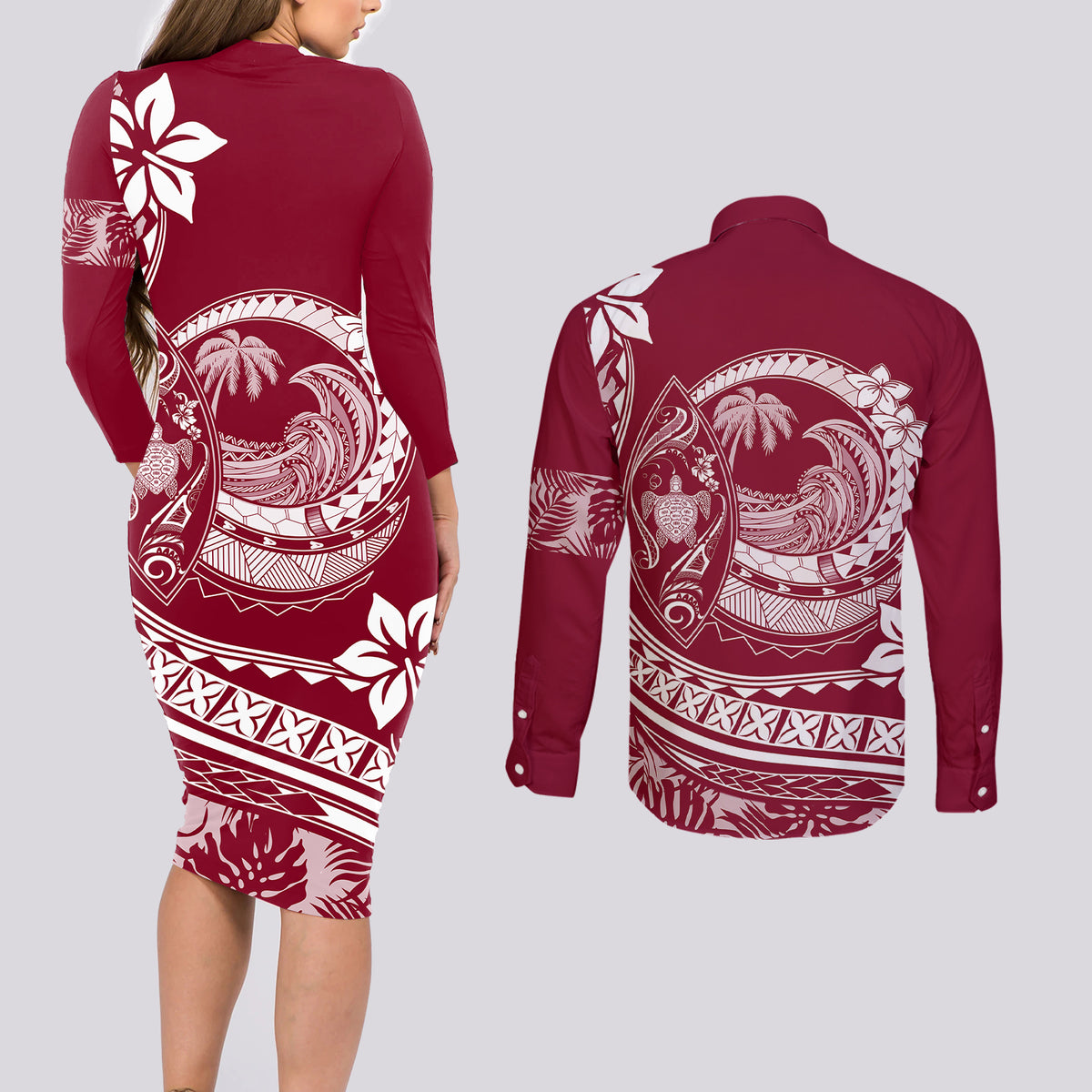 Polynesian Plumeria Couples Matching Long Sleeve Bodycon Dress and Long Sleeve Button Shirts Ride The Waves - Burgundy LT7 - Wonder Print Shop
