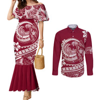 polynesian-plumeria-couples-matching-mermaid-dress-and-long-sleeve-button-shirts-ride-the-waves-burgundy