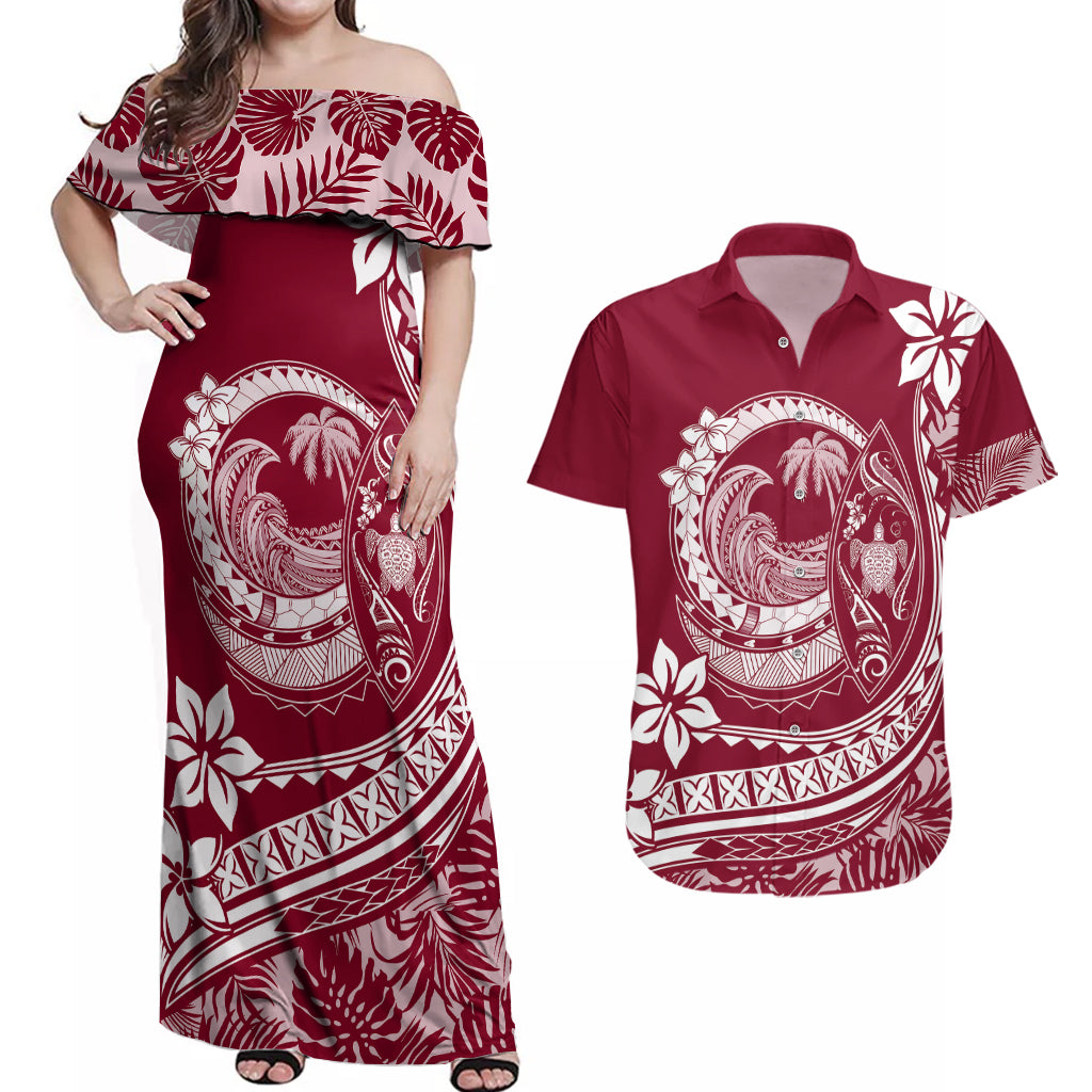 Polynesian Plumeria Couples Matching Off Shoulder Maxi Dress and Hawaiian Shirt Ride The Waves - Burgundy LT7 - Wonder Print Shop