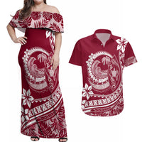Polynesian Plumeria Couples Matching Off Shoulder Maxi Dress and Hawaiian Shirt Ride The Waves - Burgundy LT7 - Wonder Print Shop
