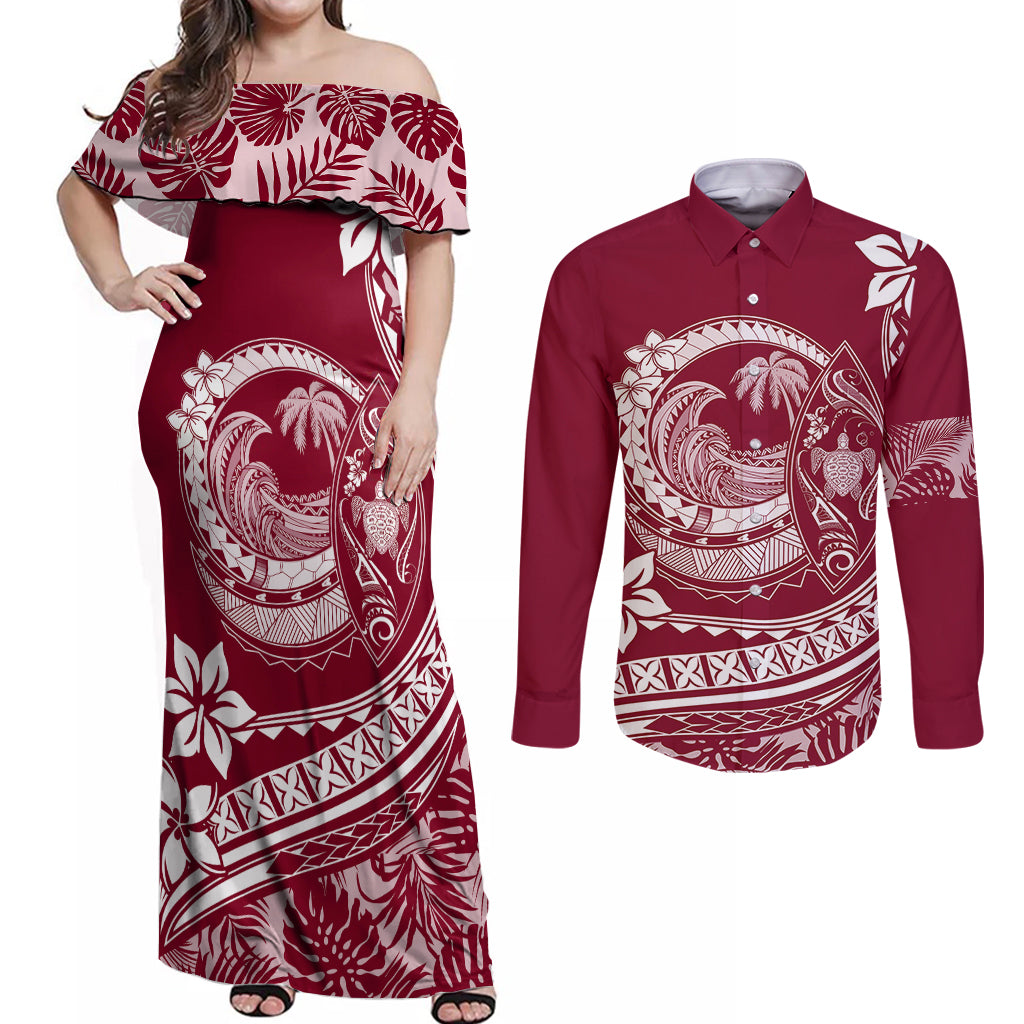 Polynesian Plumeria Couples Matching Off Shoulder Maxi Dress and Long Sleeve Button Shirts Ride The Waves - Burgundy LT7 - Wonder Print Shop