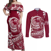 Polynesian Plumeria Couples Matching Off Shoulder Maxi Dress and Long Sleeve Button Shirts Ride The Waves - Burgundy LT7 - Wonder Print Shop