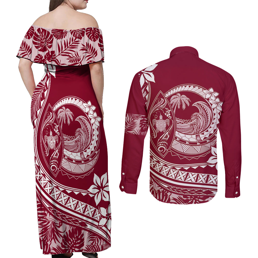 Polynesian Plumeria Couples Matching Off Shoulder Maxi Dress and Long Sleeve Button Shirts Ride The Waves - Burgundy LT7 - Wonder Print Shop