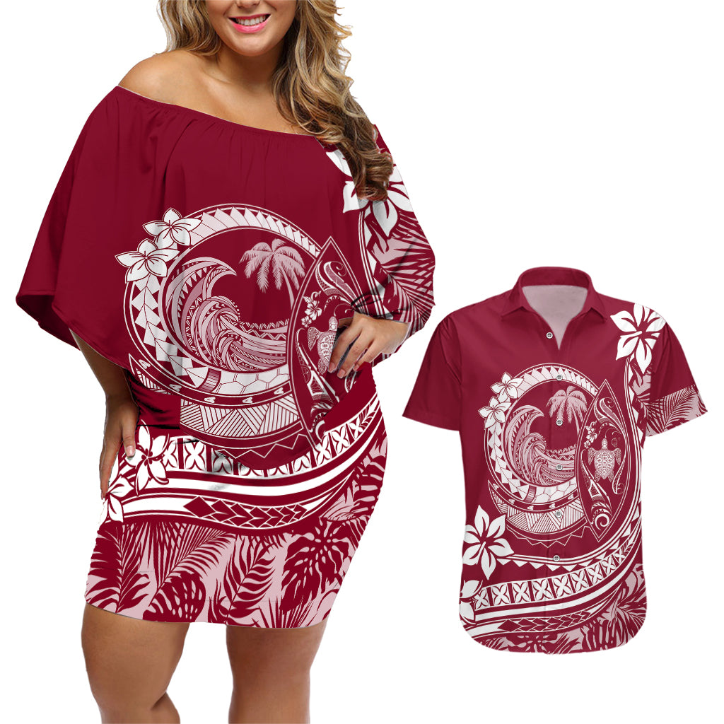 Polynesian Plumeria Couples Matching Off Shoulder Short Dress and Hawaiian Shirt Ride The Waves - Burgundy LT7 - Wonder Print Shop