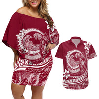 Polynesian Plumeria Couples Matching Off Shoulder Short Dress and Hawaiian Shirt Ride The Waves - Burgundy LT7 - Wonder Print Shop