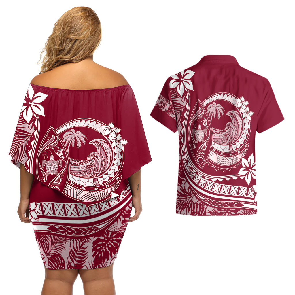 Polynesian Plumeria Couples Matching Off Shoulder Short Dress and Hawaiian Shirt Ride The Waves - Burgundy LT7 - Wonder Print Shop