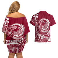 Polynesian Plumeria Couples Matching Off Shoulder Short Dress and Hawaiian Shirt Ride The Waves - Burgundy LT7 - Wonder Print Shop