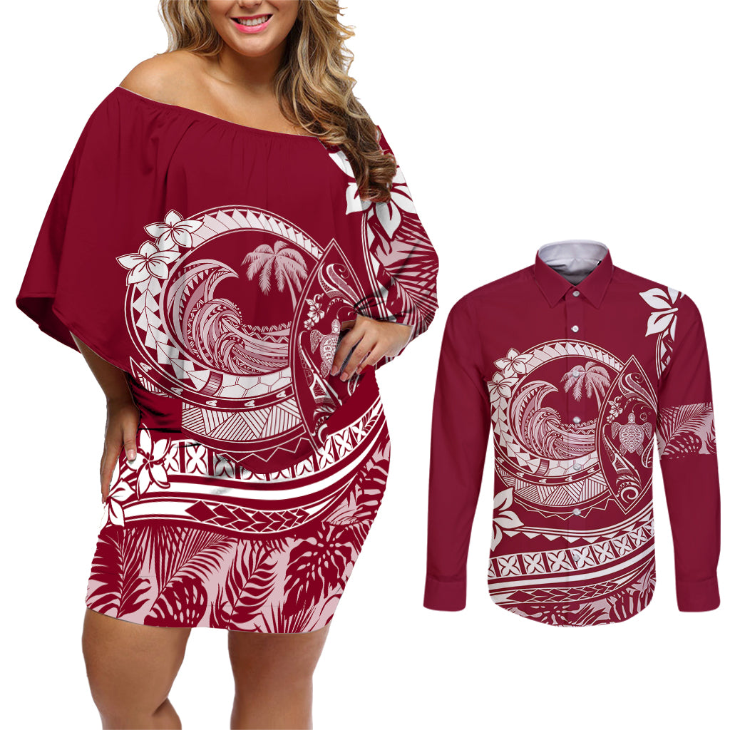 Polynesian Plumeria Couples Matching Off Shoulder Short Dress and Long Sleeve Button Shirts Ride The Waves - Burgundy LT7 - Wonder Print Shop