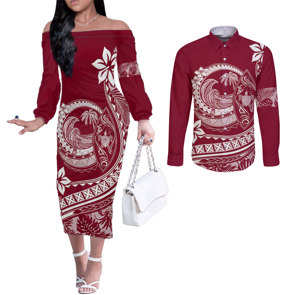 polynesian-plumeria-couples-matching-off-the-shoulder-long-sleeve-dress-and-long-sleeve-button-shirts-ride-the-waves-burgundy