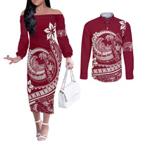 polynesian-plumeria-couples-matching-off-the-shoulder-long-sleeve-dress-and-long-sleeve-button-shirts-ride-the-waves-burgundy