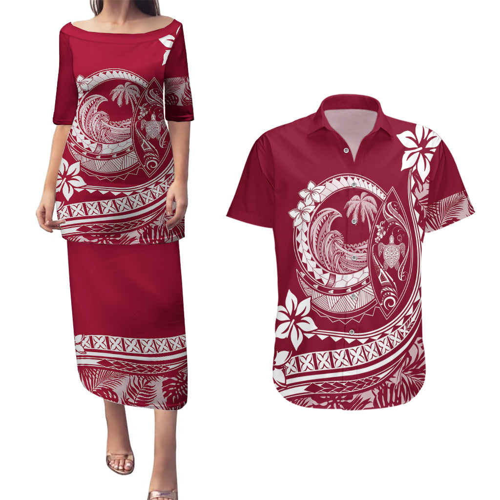 Polynesian Plumeria Couples Matching Puletasi Dress and Hawaiian Shirt Ride The Waves - Burgundy LT7 - Wonder Print Shop