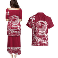 Polynesian Plumeria Couples Matching Puletasi Dress and Hawaiian Shirt Ride The Waves - Burgundy LT7 - Wonder Print Shop