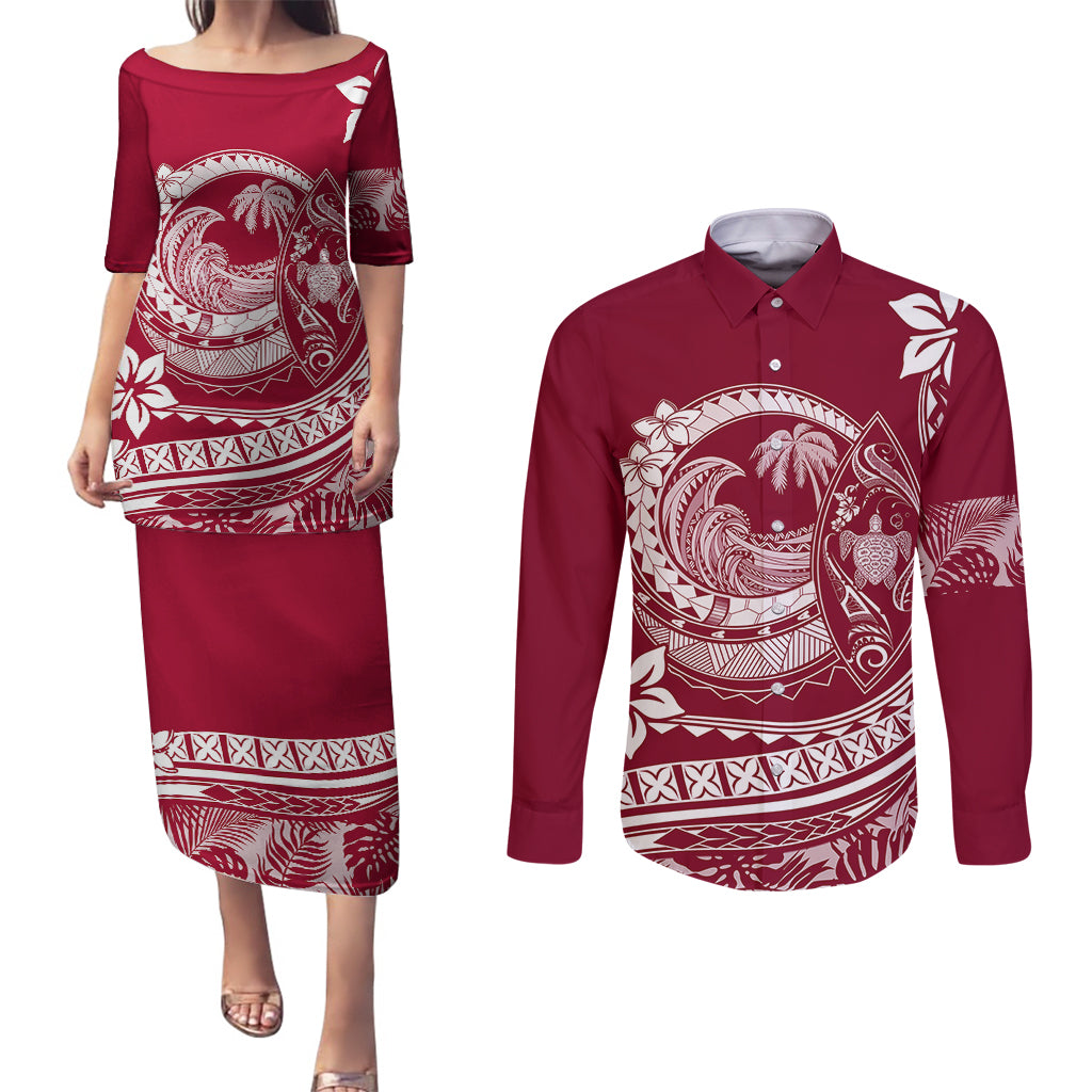 Polynesian Plumeria Couples Matching Puletasi Dress and Long Sleeve Button Shirts Ride The Waves - Burgundy LT7 - Wonder Print Shop