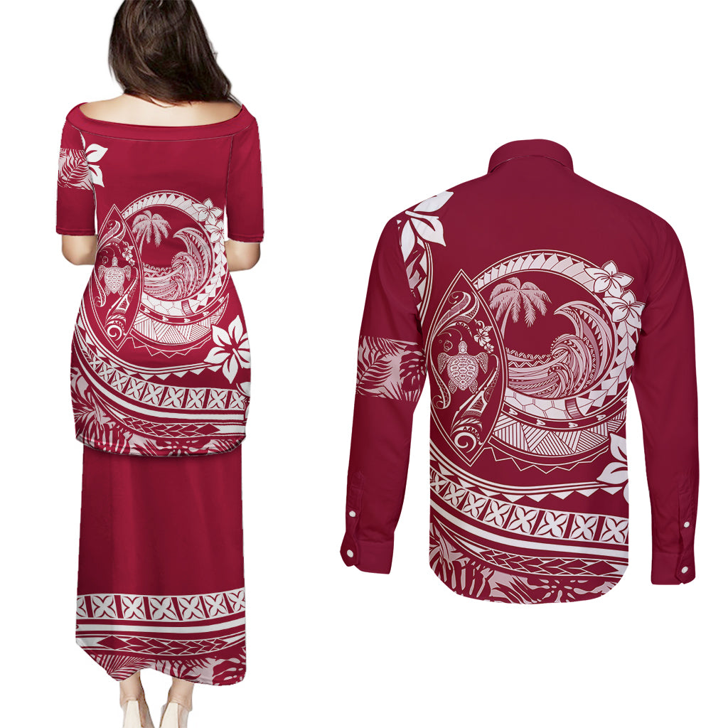 Polynesian Plumeria Couples Matching Puletasi Dress and Long Sleeve Button Shirts Ride The Waves - Burgundy LT7 - Wonder Print Shop