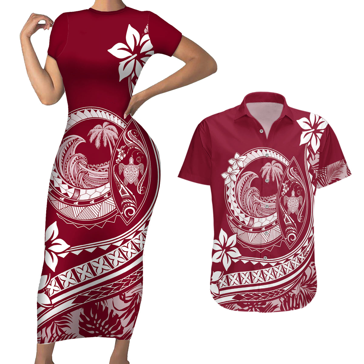 Polynesian Plumeria Couples Matching Short Sleeve Bodycon Dress and Hawaiian Shirt Ride The Waves - Burgundy LT7 - Wonder Print Shop