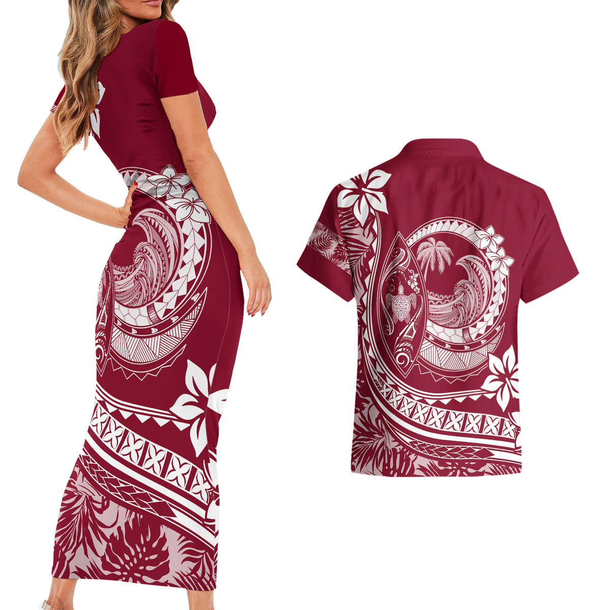 Polynesian Plumeria Couples Matching Short Sleeve Bodycon Dress and Hawaiian Shirt Ride The Waves - Burgundy LT7 - Wonder Print Shop