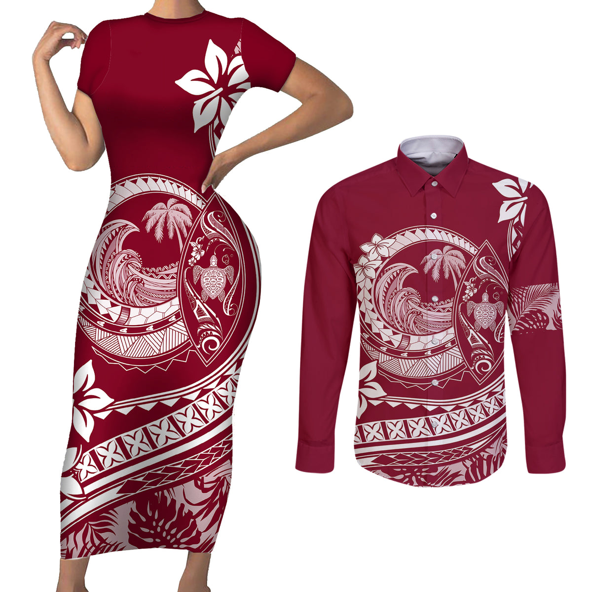Polynesian Plumeria Couples Matching Short Sleeve Bodycon Dress and Long Sleeve Button Shirts Ride The Waves - Burgundy LT7 - Wonder Print Shop