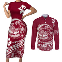 Polynesian Plumeria Couples Matching Short Sleeve Bodycon Dress and Long Sleeve Button Shirts Ride The Waves - Burgundy LT7 - Wonder Print Shop