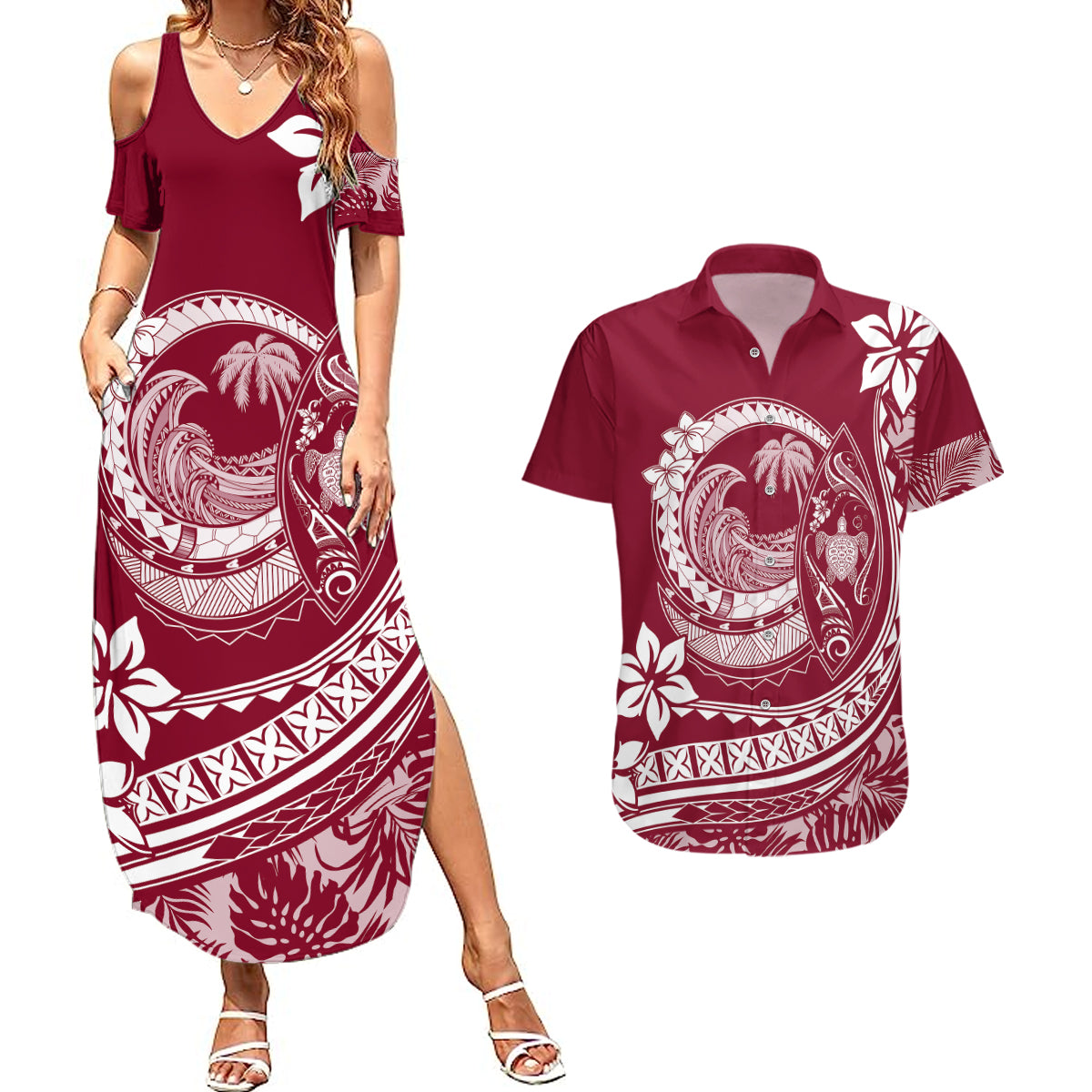 Polynesian Plumeria Couples Matching Summer Maxi Dress and Hawaiian Shirt Ride The Waves - Burgundy LT7 - Wonder Print Shop