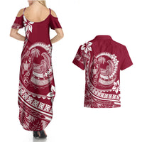 Polynesian Plumeria Couples Matching Summer Maxi Dress and Hawaiian Shirt Ride The Waves - Burgundy LT7 - Wonder Print Shop