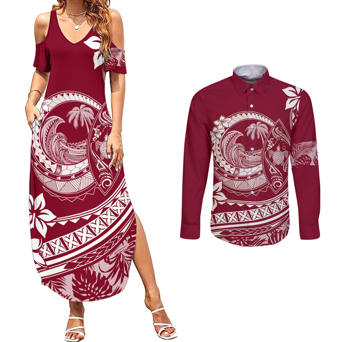 Polynesian Plumeria Couples Matching Summer Maxi Dress and Long Sleeve Button Shirts Ride The Waves - Burgundy LT7 - Wonder Print Shop