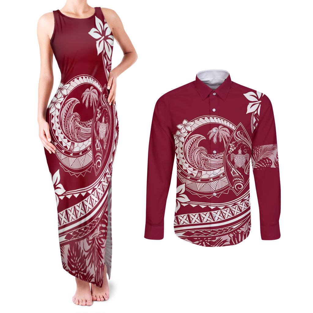 Polynesian Plumeria Couples Matching Tank Maxi Dress and Long Sleeve Button Shirts Ride The Waves - Burgundy LT7 - Wonder Print Shop