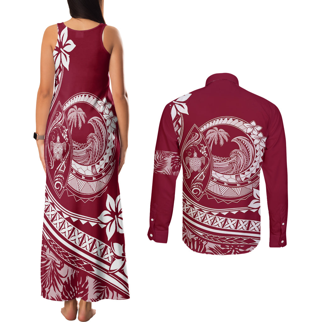 Polynesian Plumeria Couples Matching Tank Maxi Dress and Long Sleeve Button Shirts Ride The Waves - Burgundy LT7 - Wonder Print Shop