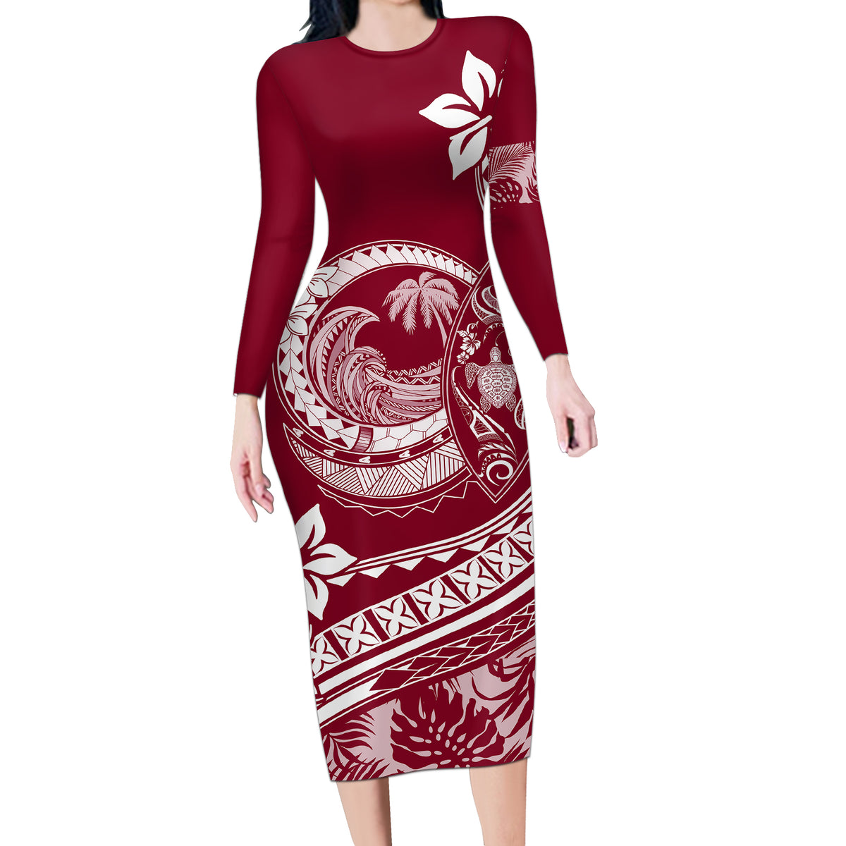 Polynesian Plumeria Long Sleeve Bodycon Dress Ride The Waves - Burgundy - Wonder Print Shop