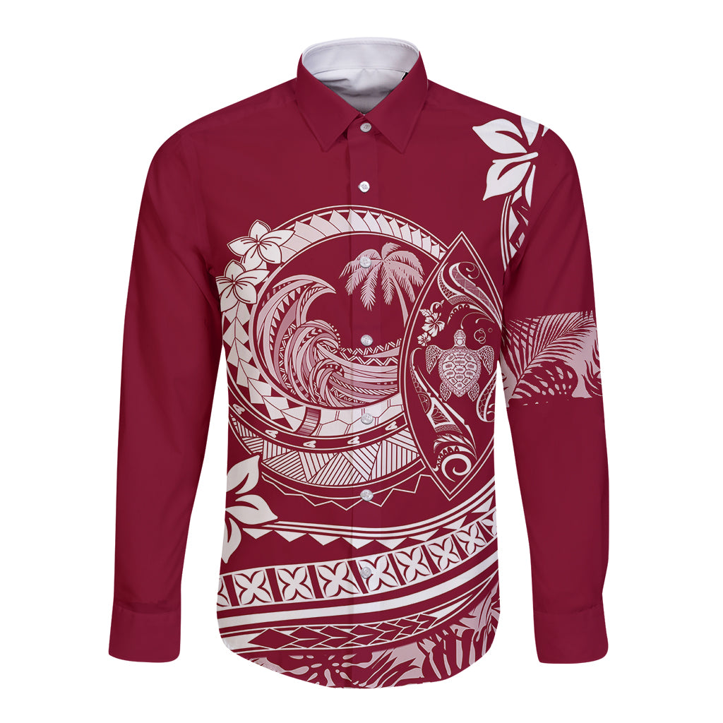 Polynesian Plumeria Long Sleeve Button Shirt Ride The Waves - Burgundy - Wonder Print Shop