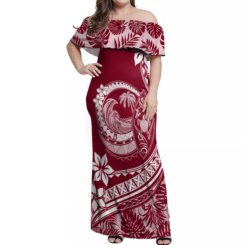 Polynesian Plumeria Off Shoulder Maxi Dress Ride The Waves - Burgundy - Wonder Print Shop