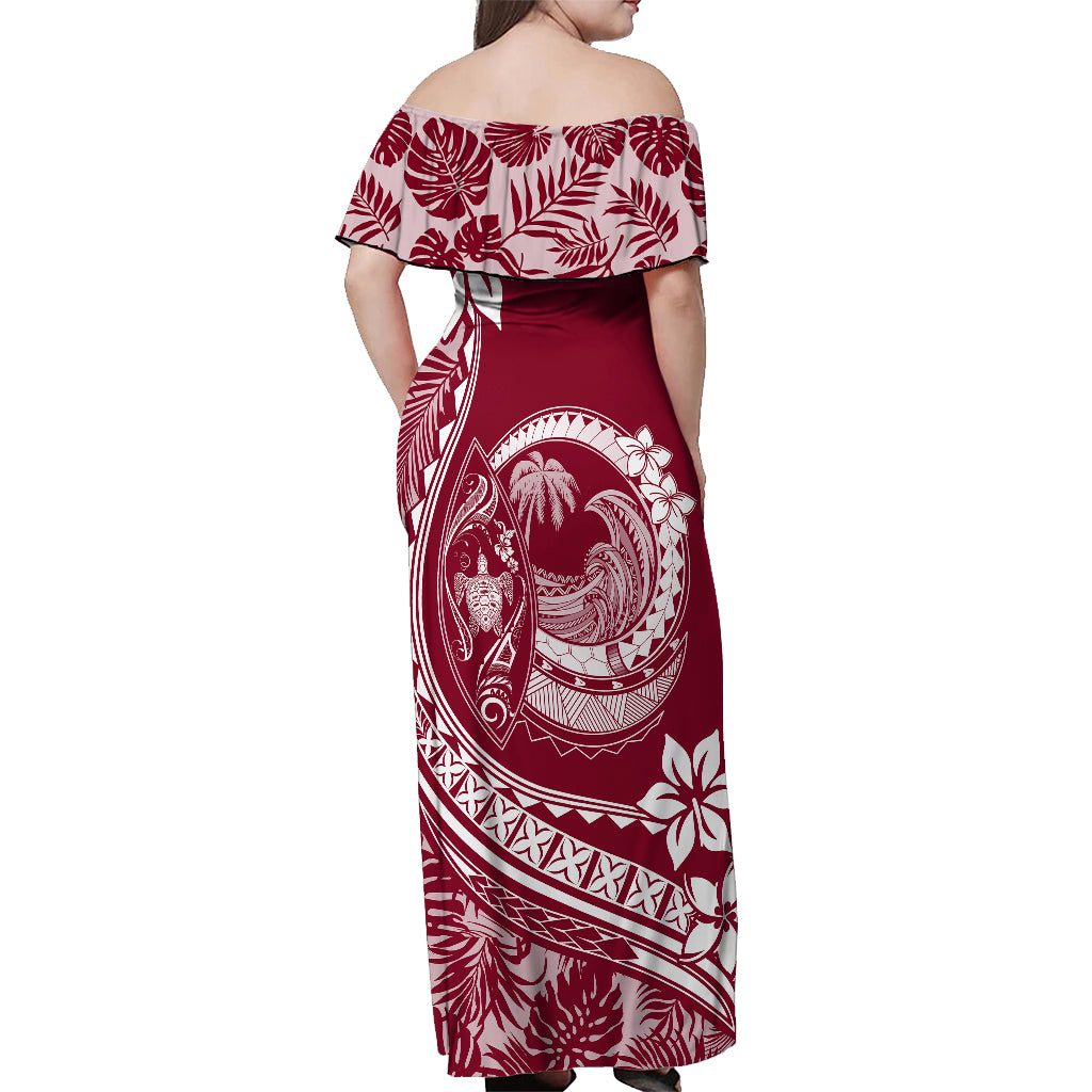Polynesian Plumeria Off Shoulder Maxi Dress Ride The Waves - Burgundy - Wonder Print Shop