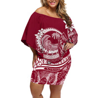 Polynesian Plumeria Off Shoulder Short Dress Ride The Waves - Burgundy - Wonder Print Shop