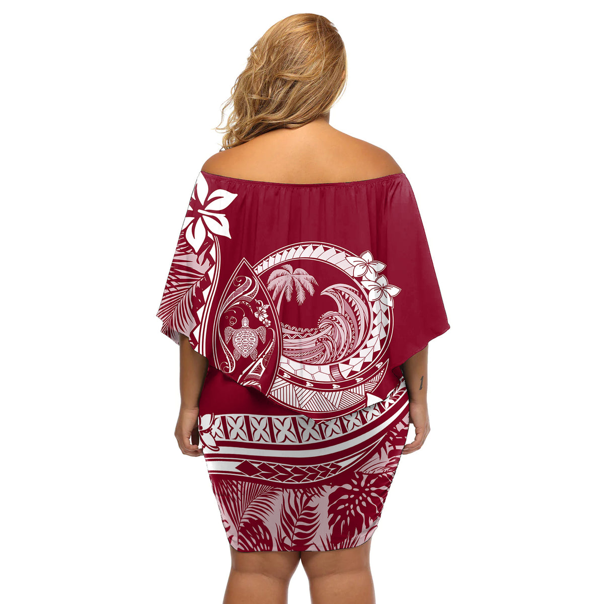 Polynesian Plumeria Off Shoulder Short Dress Ride The Waves - Burgundy - Wonder Print Shop
