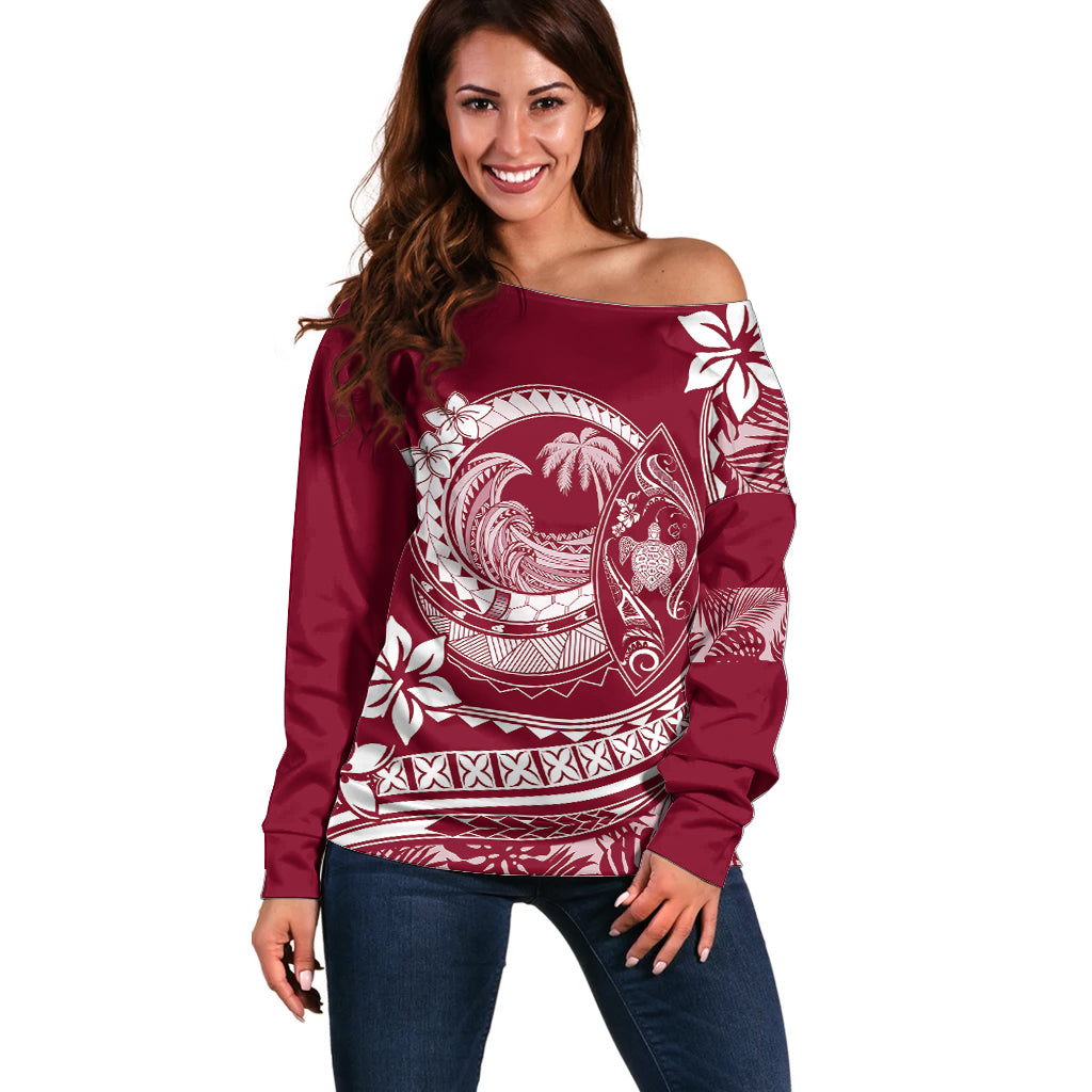 Polynesian Plumeria Off Shoulder Sweater Ride The Waves - Burgundy - Wonder Print Shop