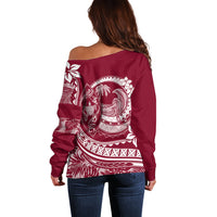 Polynesian Plumeria Off Shoulder Sweater Ride The Waves - Burgundy - Wonder Print Shop