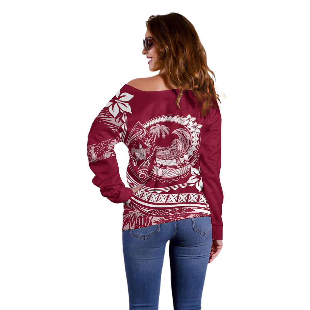 Polynesian Plumeria Off Shoulder Sweater Ride The Waves - Burgundy - Wonder Print Shop