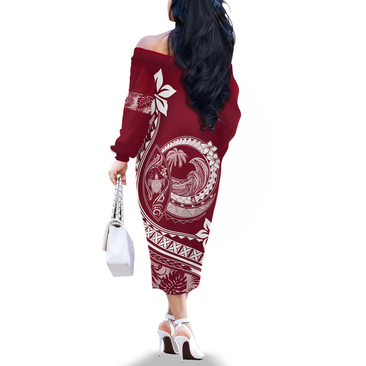 Polynesian Plumeria Off The Shoulder Long Sleeve Dress Ride The Waves - Burgundy - Wonder Print Shop