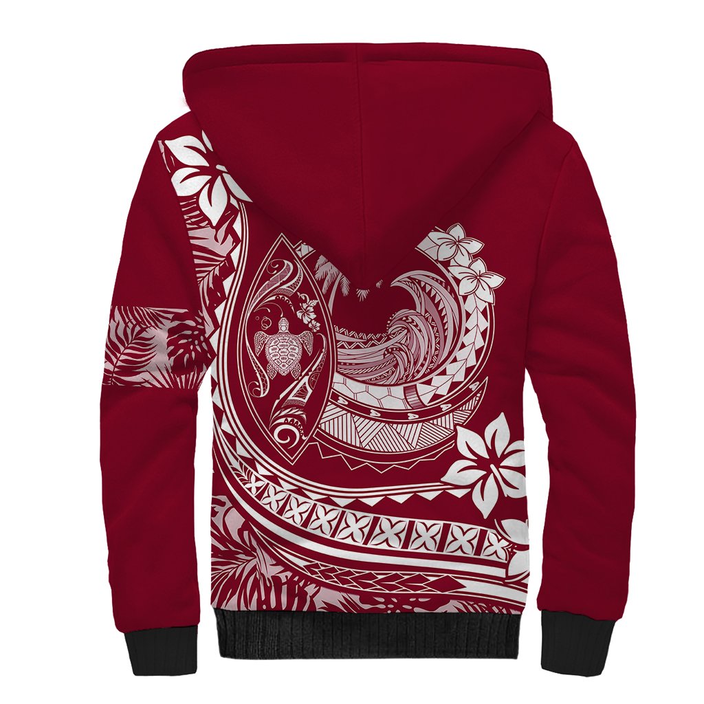Polynesian Plumeria Sherpa Hoodie Ride The Waves - Burgundy - Wonder Print Shop