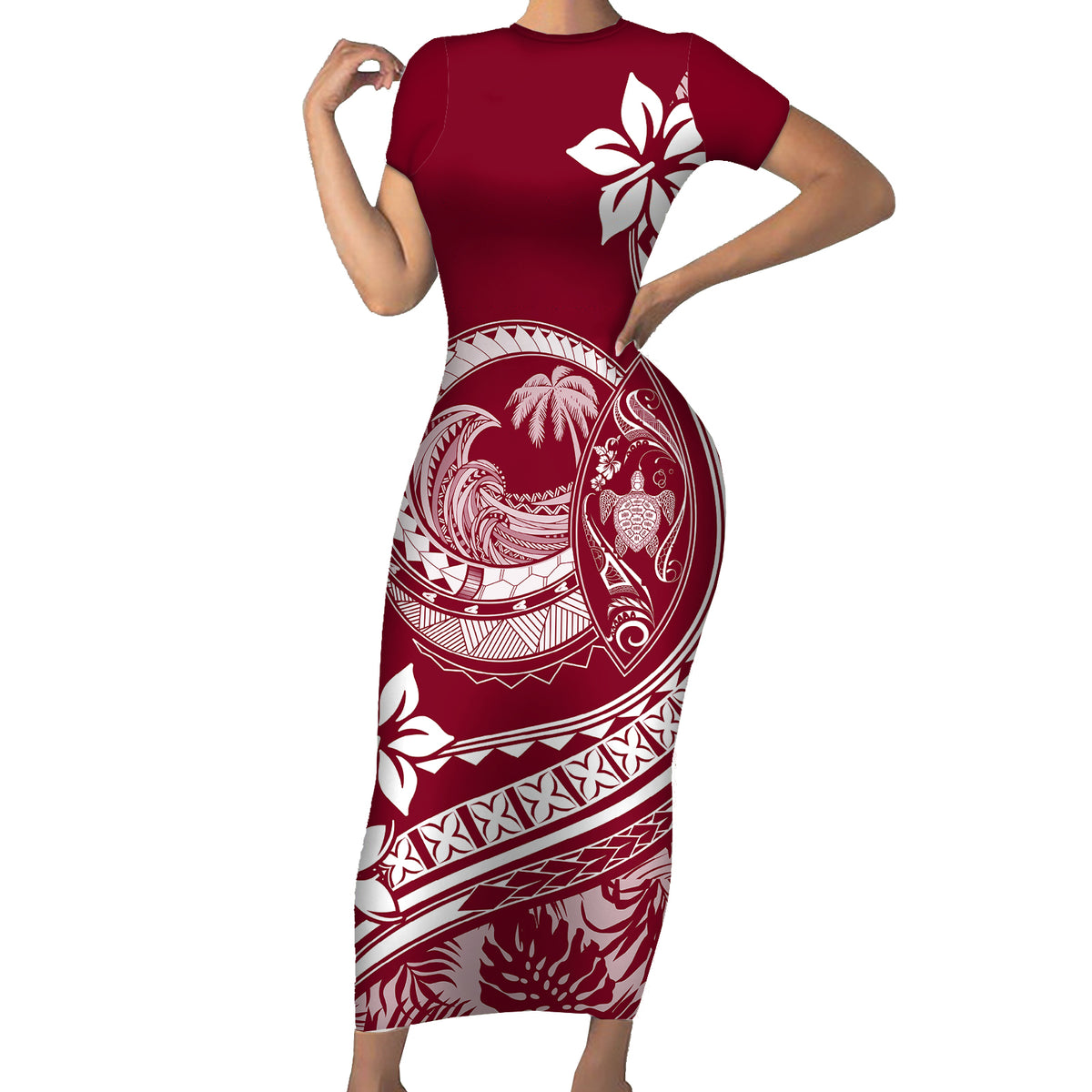 Polynesian Plumeria Short Sleeve Bodycon Dress Ride The Waves - Burgundy - Wonder Print Shop