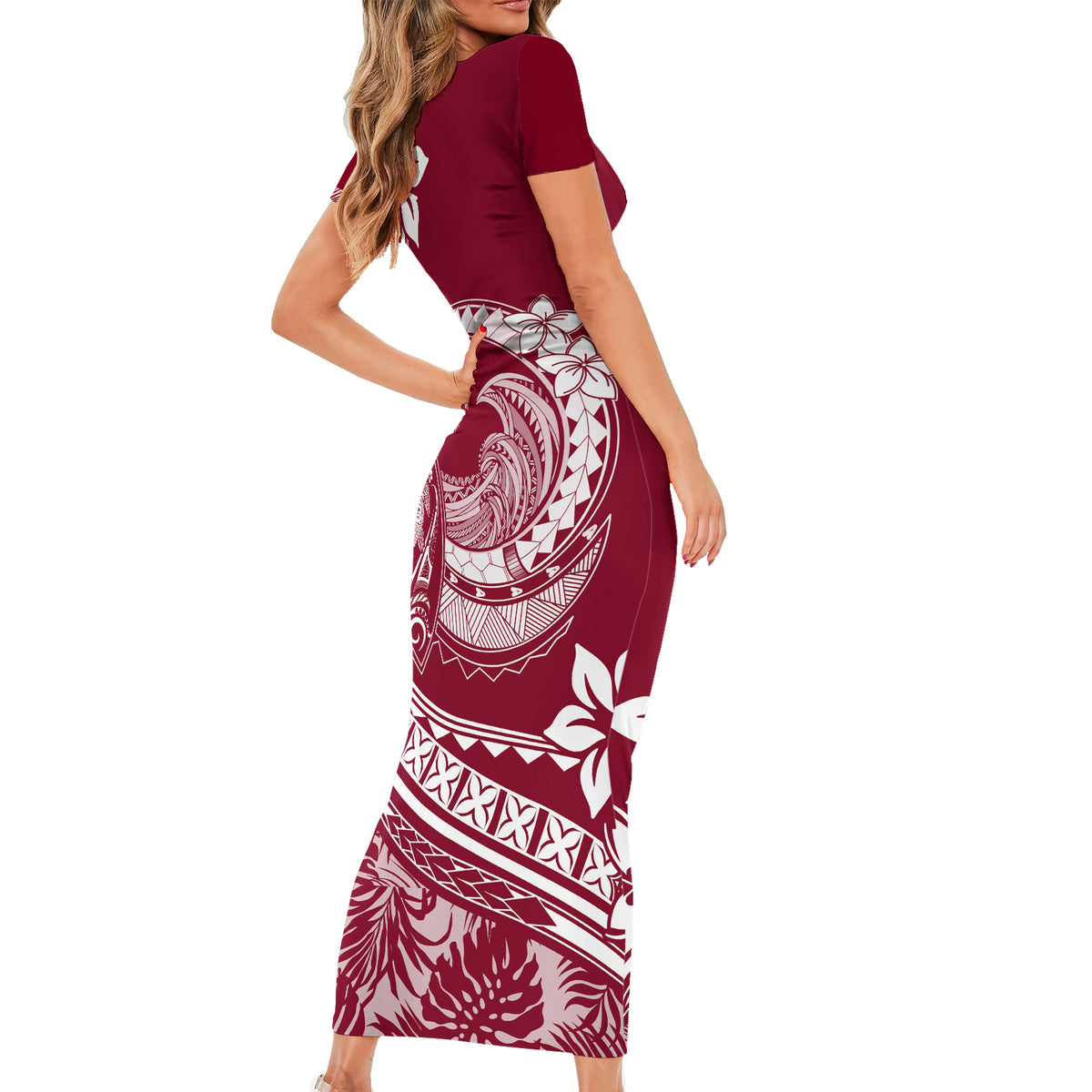 Polynesian Plumeria Short Sleeve Bodycon Dress Ride The Waves - Burgundy - Wonder Print Shop