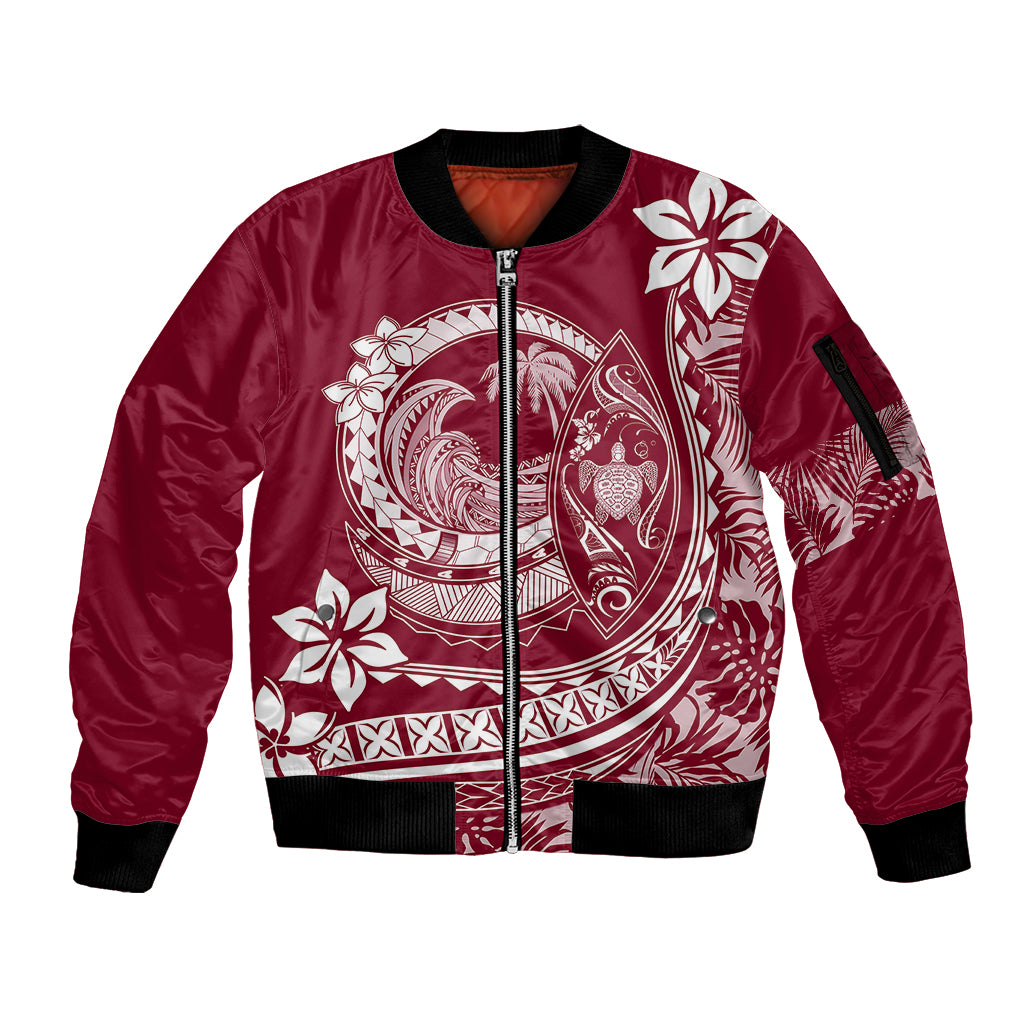 Polynesian Plumeria Sleeve Zip Bomber Jacket Ride The Waves - Burgundy - Wonder Print Shop